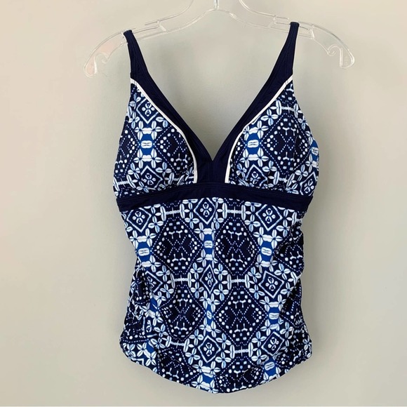 Tommy Bahama Indigo Cowrie Diamonds Over The Shoulder Shirred Tankini Top - Picture 3 of 9